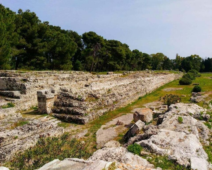 Ancient ruins with stone structures and pathways, surrounded by trees and greenery. 5