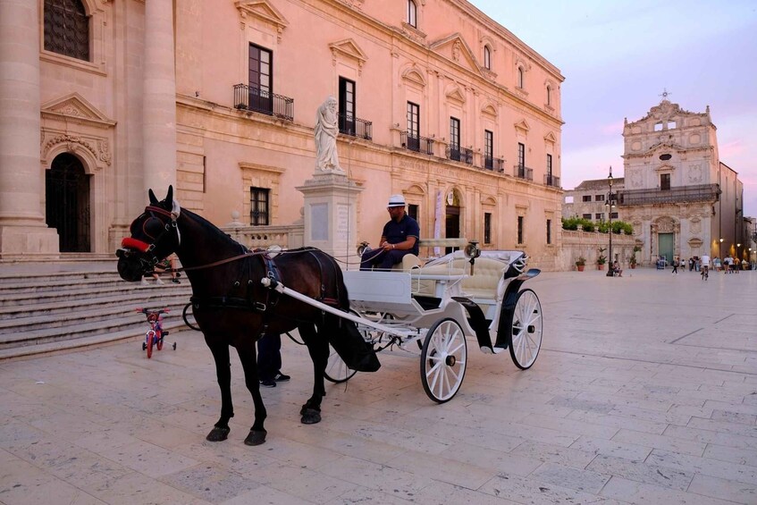A horse-drawn carriage in a square with historic buildings. 2