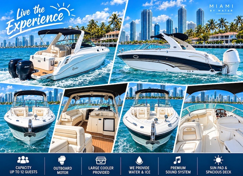 A boat with a capacity of up to 12 guests, an outboard motor, a large cooler, water and ice provision, a premium sound system, and a spacious deck. 1