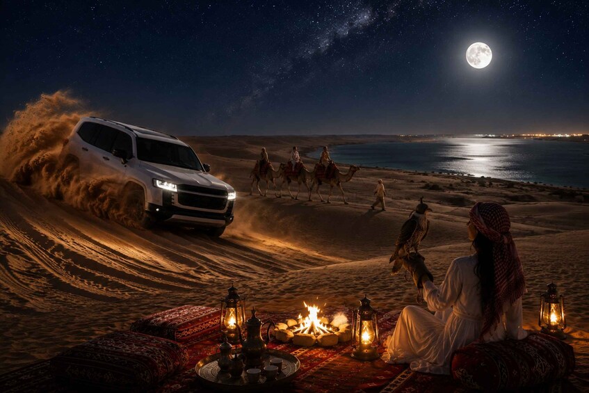 A desert scene with a white SUV, camels, and a person with a lantern. 1