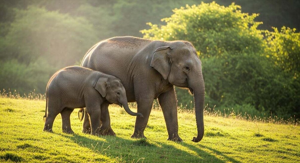 Two elephants in a grassy field with trees in the background. 2