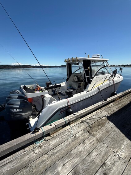A small boat docked at a wooden pier with a Yamaha outboard motor. 5