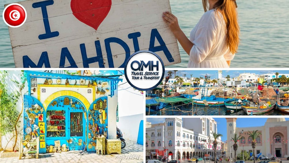 A sign reading "I love Tunisia," a colorful shop, a busy harbor, and a historic building. 1