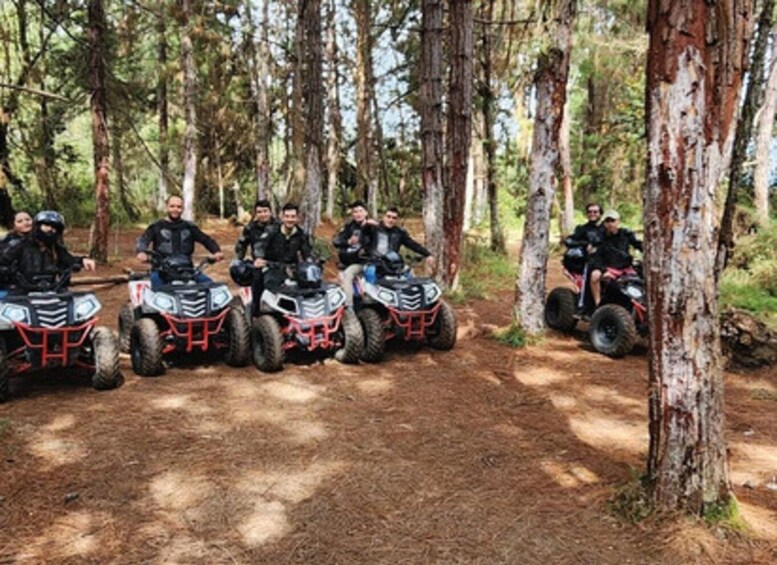 A group of people on ATVs in a forest. 1