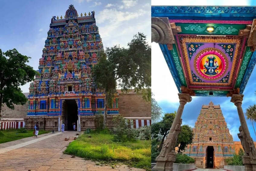 A temple with a multi-tiered, colorful spire and a detailed ceiling. 2
