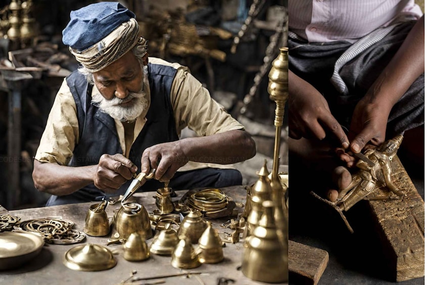 A person working with brass objects, possibly crafting or repairing them. 4