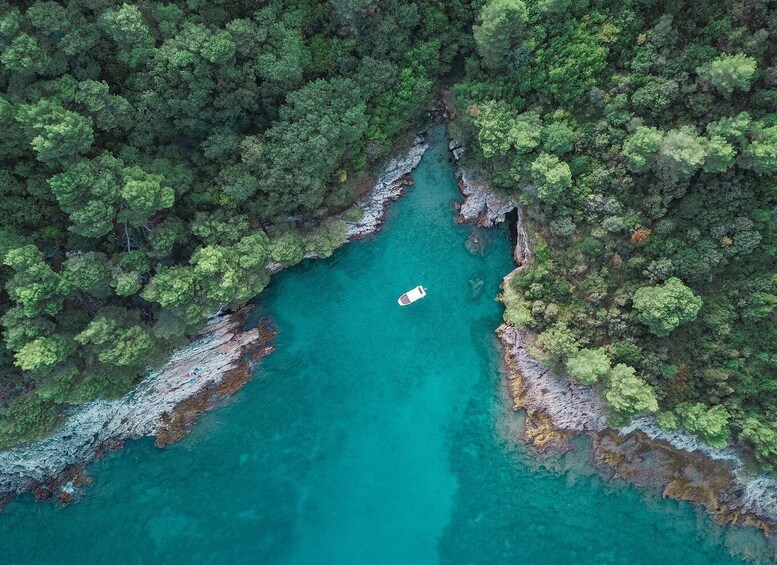 An aerial view of a turquoise river surrounded by dense green forest. 4