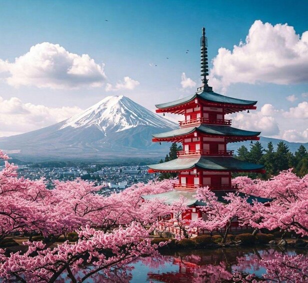 A traditional Japanese pagoda with cherry blossoms in the foreground and Mount Fuji in the background. 3