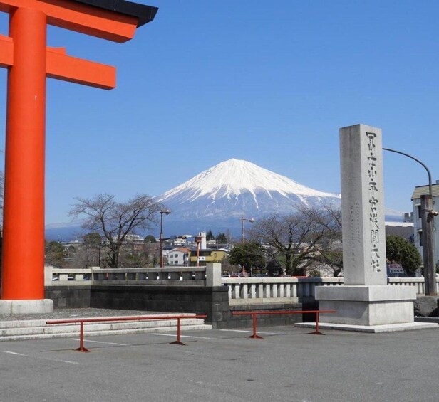 A monument with Japanese inscriptions, a red torii gate, and a view of Mount Fuji in the background. 2