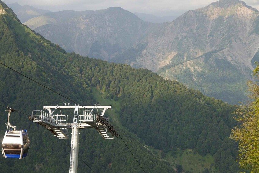 A cable car system in a mountainous area with dense forests. 5