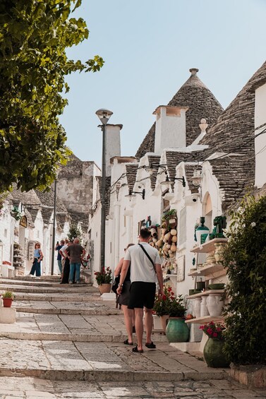 A narrow street with stone buildings, steps, and potted plants. 3