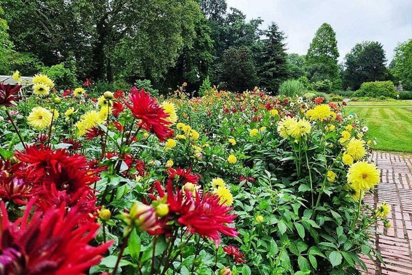 A garden with red and yellow flowers, green foliage, and a brick pathway. 4