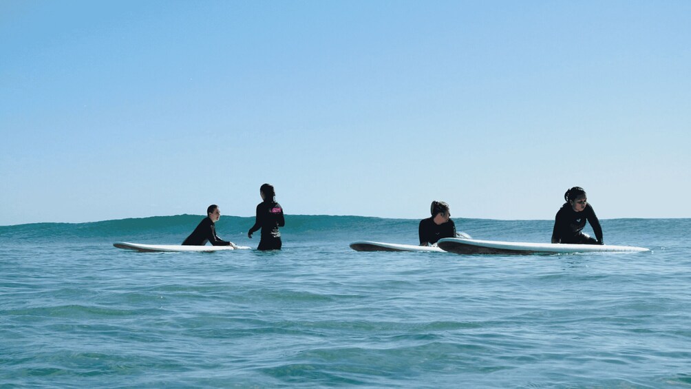 Four surfers on the ocean with clear skies. 3