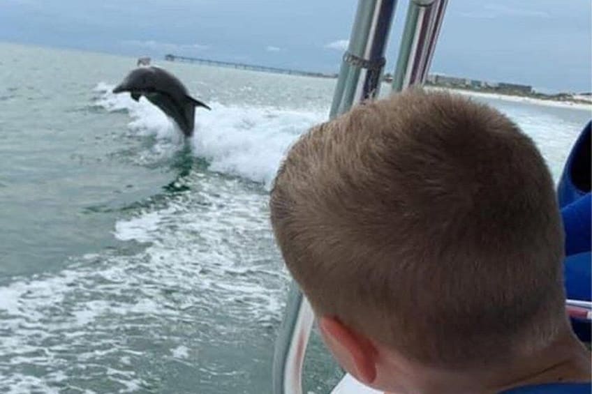 A dolphin jumping out of the water near a boat. 2
