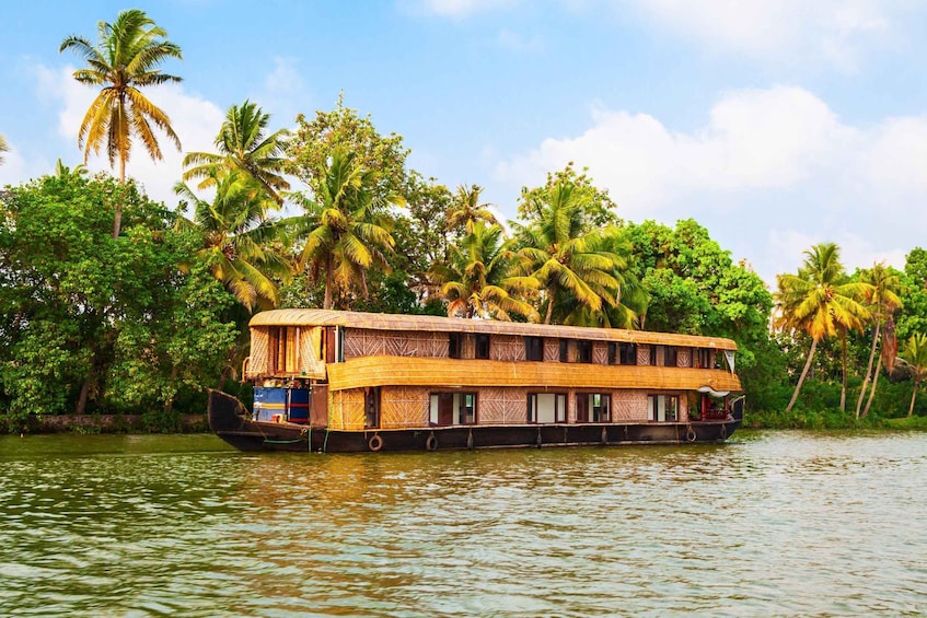 A houseboat on water surrounded by palm trees. 1