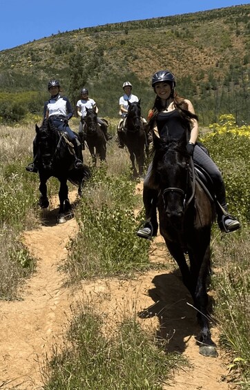 A group of people riding horses on a dirt trail in a hilly area. 5