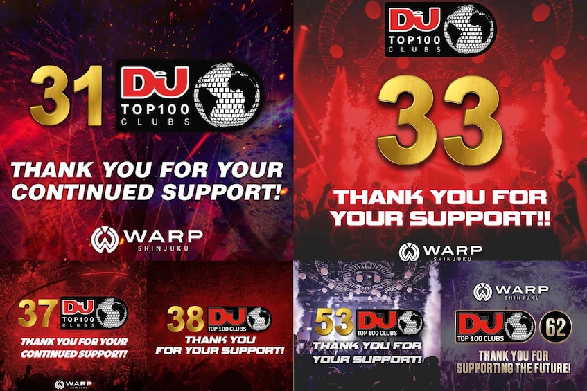 A collage of DJ Top100 Clubs logos with numbers 31, 33, 37, 38, 53, and 62, each thanking for continued support. 2