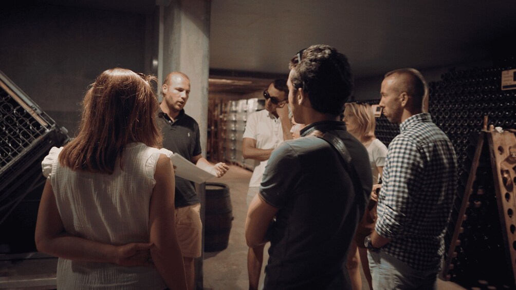 A group of people in a dimly lit room with wine racks in the background. 5