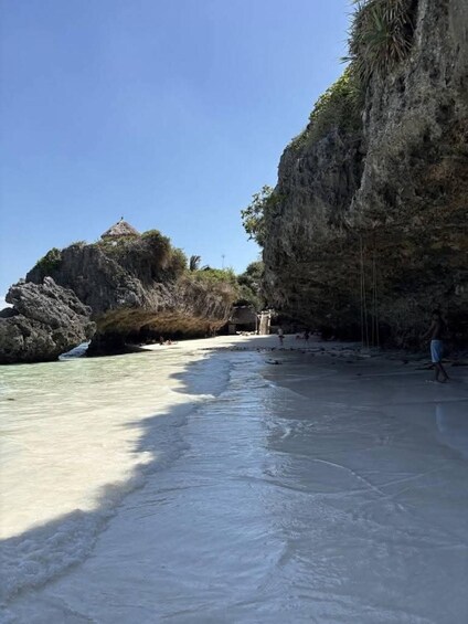 A beach with clear water, rocky cliffs, and sparse vegetation. 4