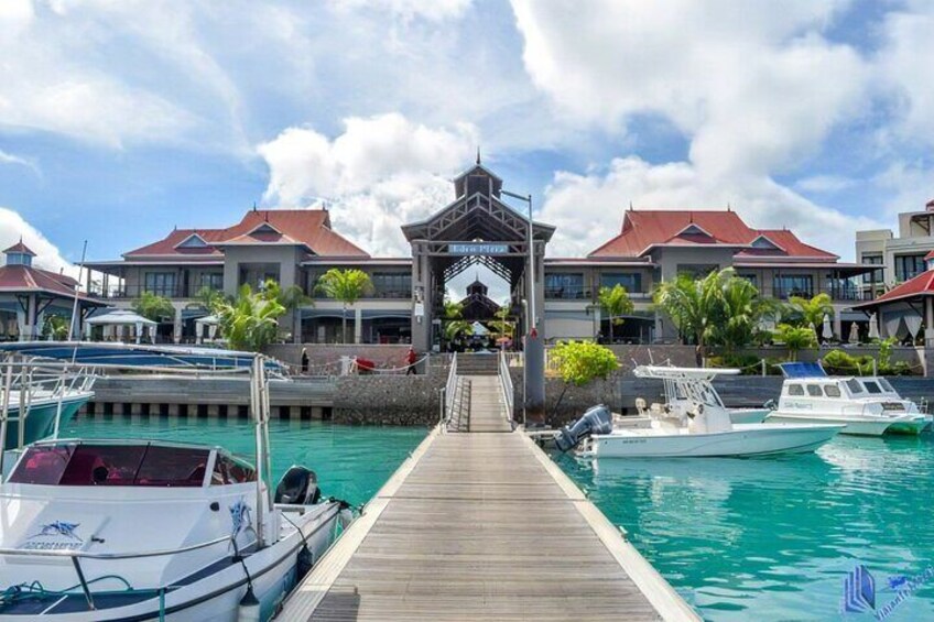 A wooden pier leading to a building with a red roof, surrounded by boats and palm trees. 1
