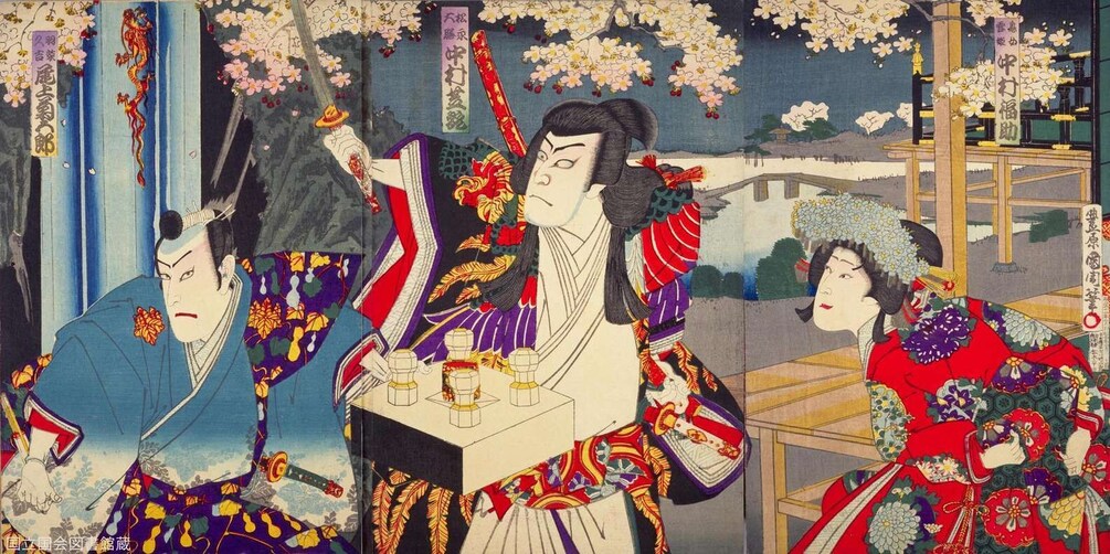 A traditional Japanese tea ceremony with three people in kimonos, a table with tea utensils, and cherry blossoms in the background. 5