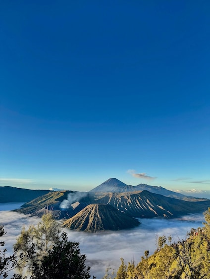 A mountain with a clear sky, surrounded by clouds and vegetation. 1