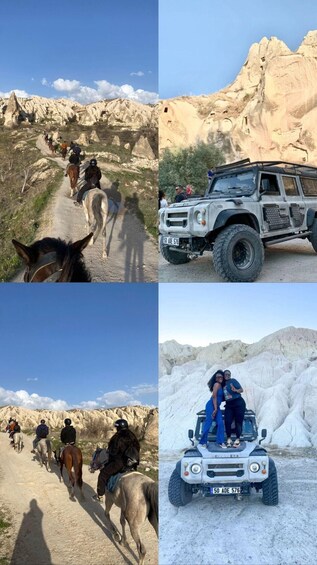 A group of people riding horses on a dirt path, a rugged off-road vehicle, and a snowy landscape. 2