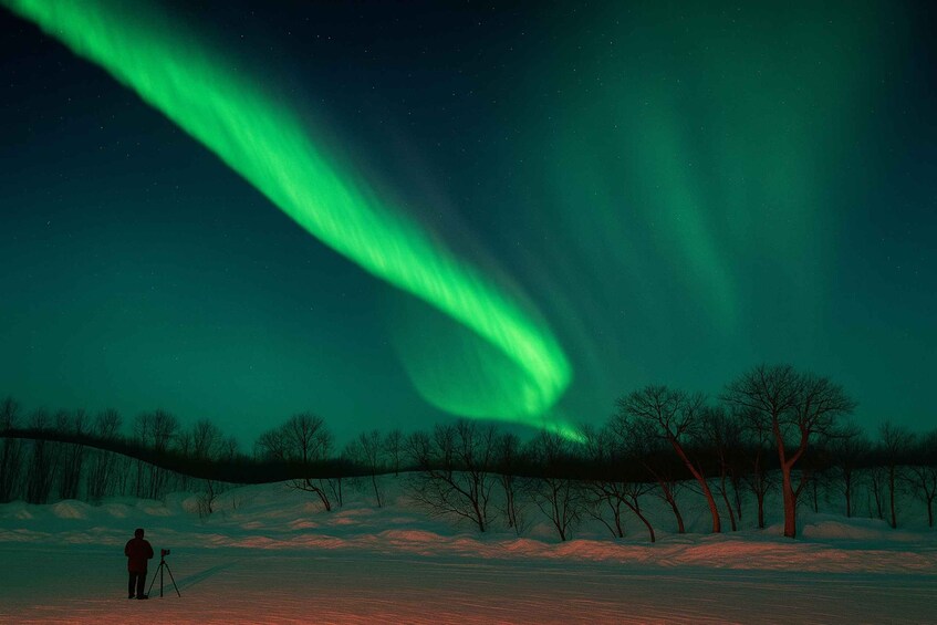 A person with a camera on a tripod in a snowy landscape, observing the Northern Lights. 1