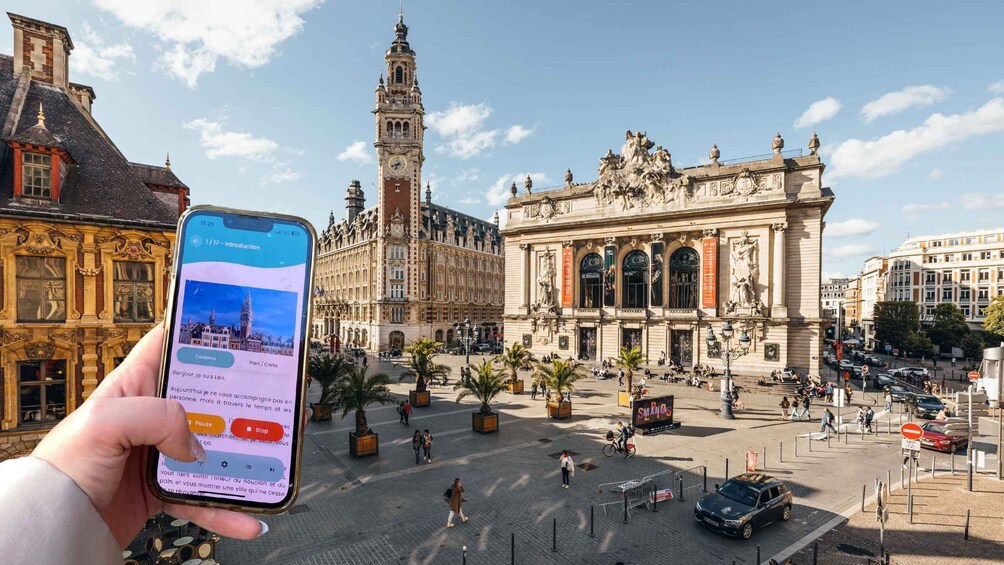 A smartphone displaying a map with a historic building in the background. 1