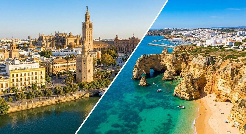 A coastal cityscape with a prominent tower, a clear blue river, and a rocky beach with an arch formation. 1