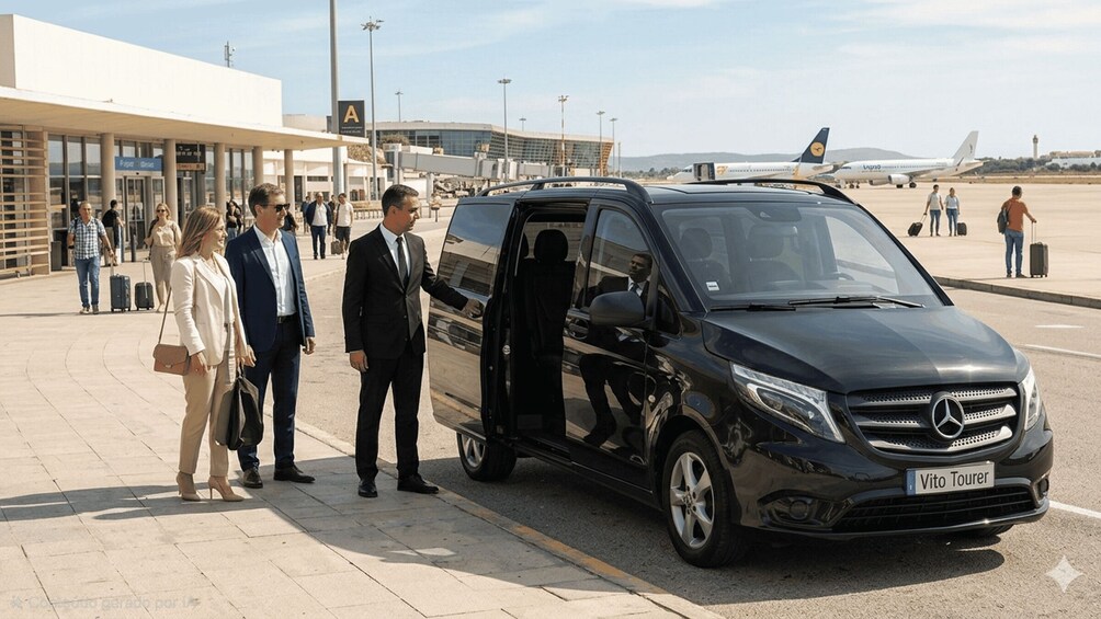 A black van parked at an airport with a 'Vito Tourer' license plate, people walking by, and an airplane in the background. 2