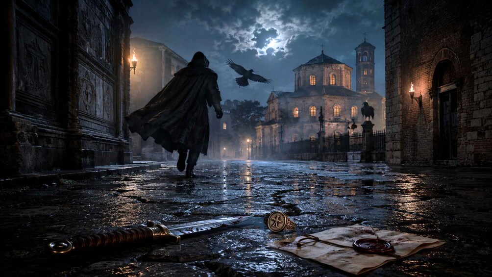 A person walking down a wet cobblestone street at night with a bird flying overhead and a building with a tower in the background. 1