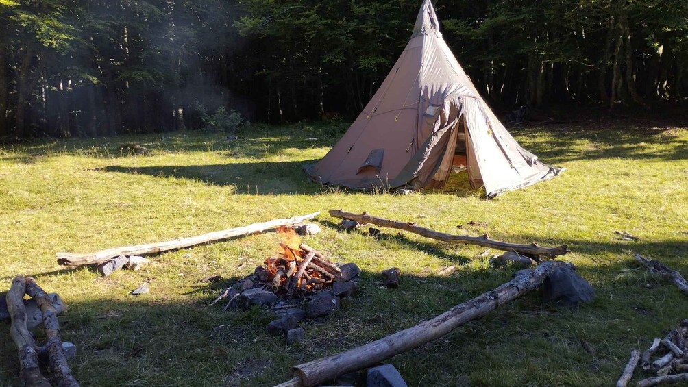 A tent in a grassy field with a campfire. 5