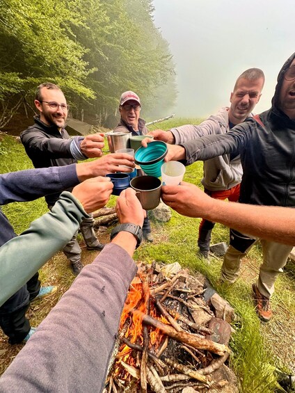 A group of people around a campfire in a forest. 1
