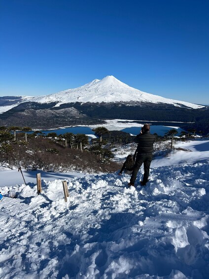 A person standing in a snowy landscape with a mountain in the background. 3