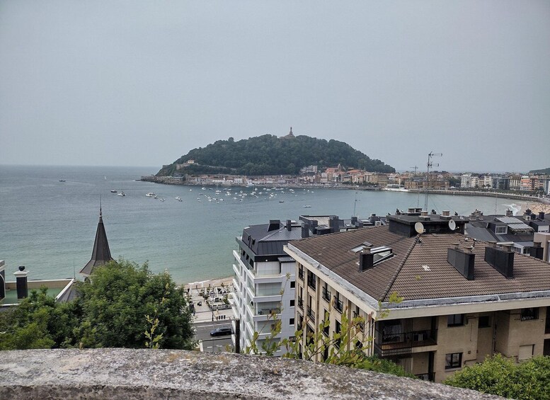 A coastal cityscape with a prominent hill, buildings, and a marina with boats. 5