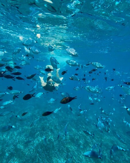 An underwater scene with a person swimming among fish and plastic debris. 2