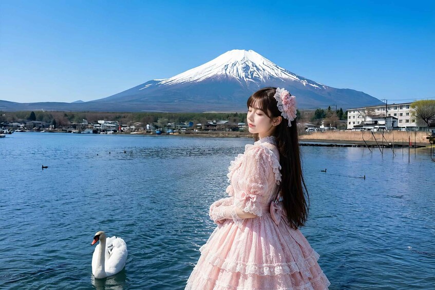 A person in a pink dress by a lake with a swan and a snow-capped mountain in the background. 4