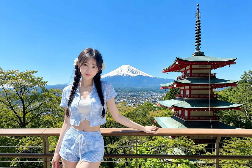 A person standing by a pagoda with a snow-capped mountain in the background. 2