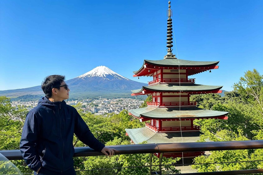 A person overlooking a traditional Japanese pagoda and Mount Fuji in the background. 5