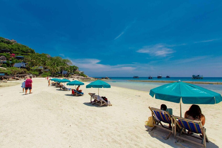 A beach with people relaxing under umbrellas, a clear blue sky, and boats in the water. 4