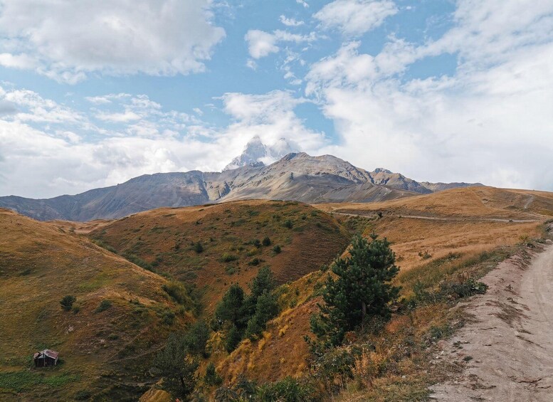A mountain landscape with a dirt path, sparse vegetation, and a small cabin. 2