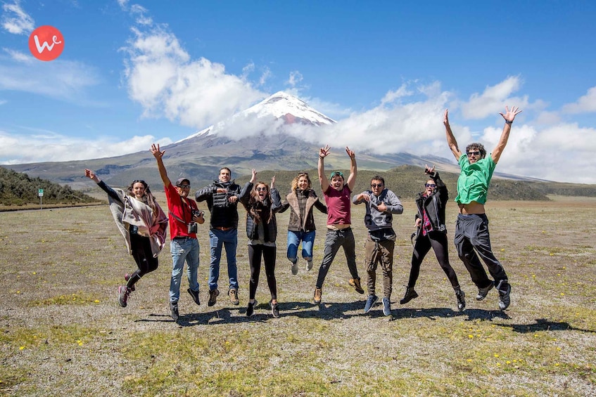 A group of people jumping in a field with a snow-capped mountain in the background. 3