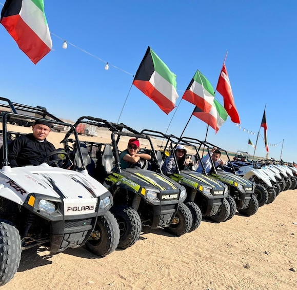 A line of Polaris ATVs with flags in the background. 4
