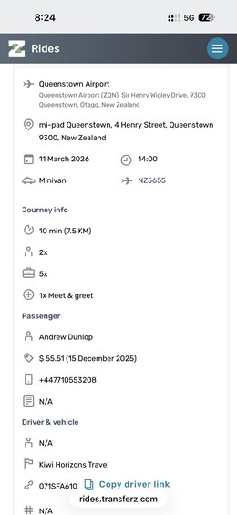 A rideshare app interface with a ride request to Queenstown Airport. 5