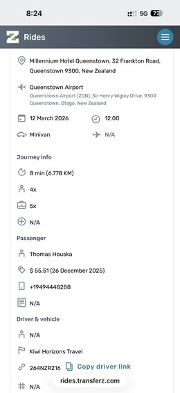 A rideshare app interface with a ride from Queenstown Airport to Millennium Hotel Queenstown. 2