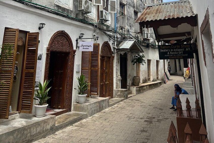 Une rue étroite, bordée de portes en bois richement décorées et de plantes en pot. 4