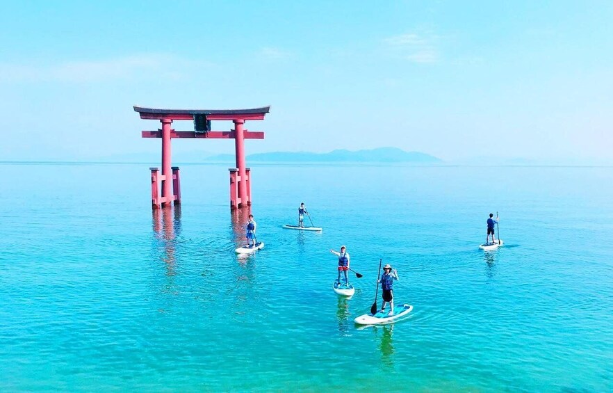 People paddleboarding near a pink torii gate in calm waters. 1