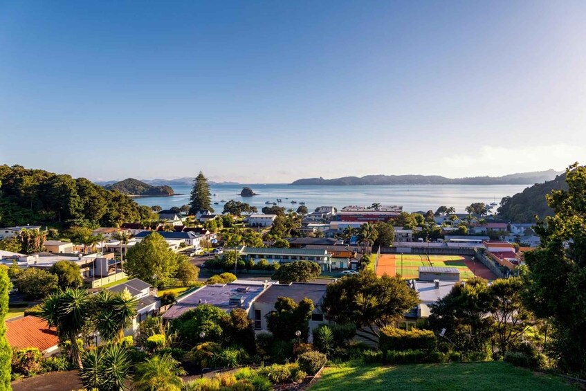 A coastal town with residential buildings, green spaces, and a view of the ocean. 4
