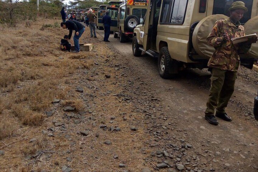 A rugged terrain with a dirt road, a vehicle, and people engaged in an activity. 2